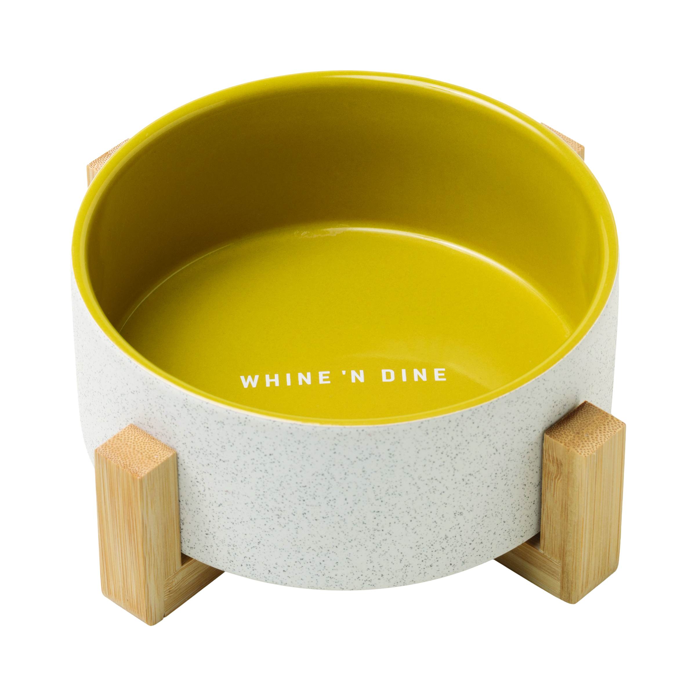 Ceramic dog bowl on bamboo stand, Yellow