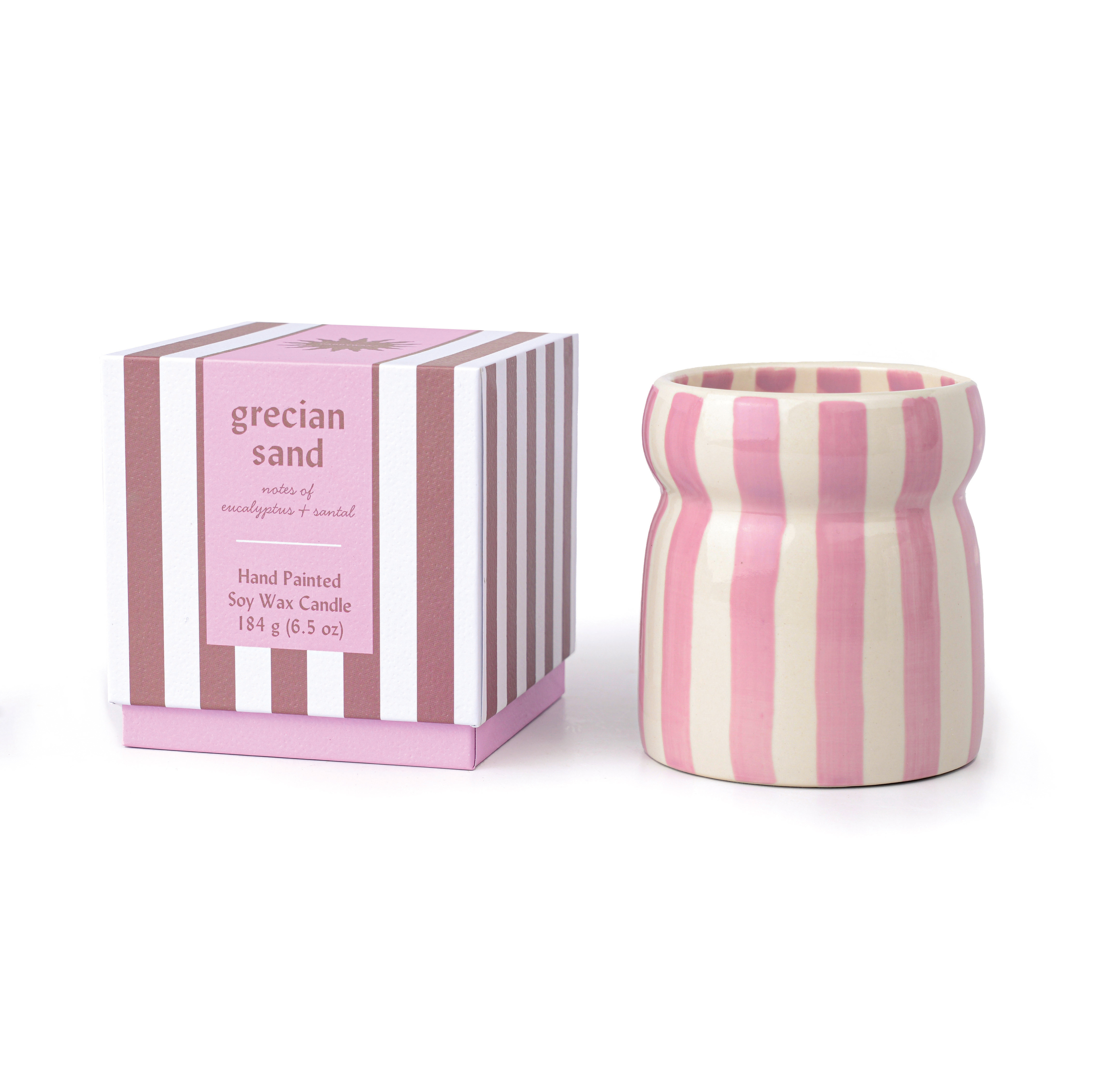 Cabana  Lavender striped Ceramic Candle - Grecian Sand Boxed