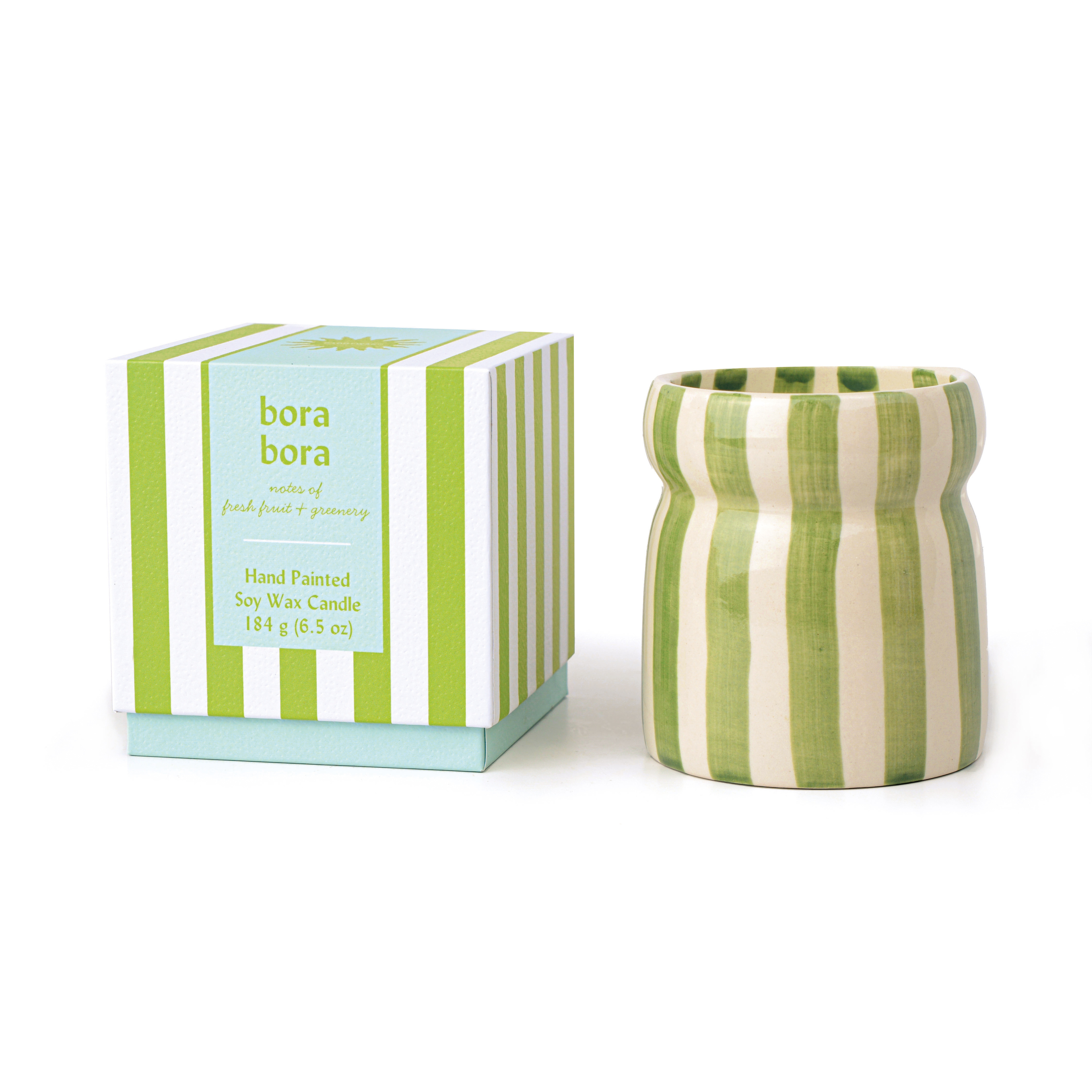 Cabana  Sage striped Ceramic Candle - Bora Bora Boxed