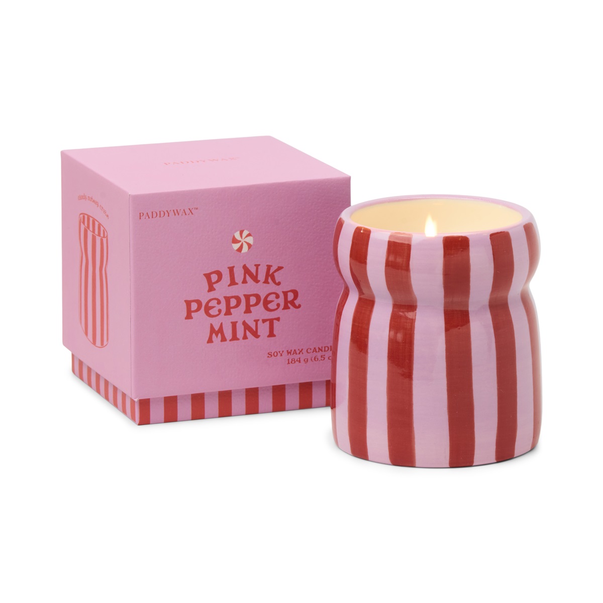 Cabana 184g Red/Pink Striped Ceramic Candle - Pink Peppermint